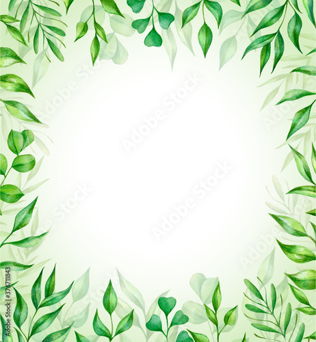 Watercolor frame with green leaves. Perfect for design of  greeting card  logo  invitation  posters and more