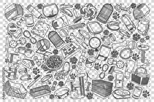 Pets shop doodle set. Collection of hand drawn sketches templates patterns of bird cages dogs food and collars cat litters and toys on transparent background. Domestic animal care illustration.
