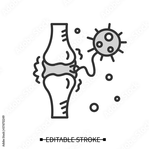 Joint pain icon. Covid molecule attacking joints linear pictogram. Concept of corona virus disease system health effects, arthritis and high fever symptoms. Editable stroke vector illustration