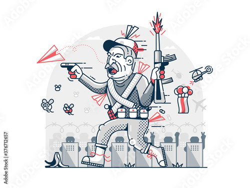 Belarus protests illustration with angry Belarusian president in military ammunition running and shooting in the air with rifle.