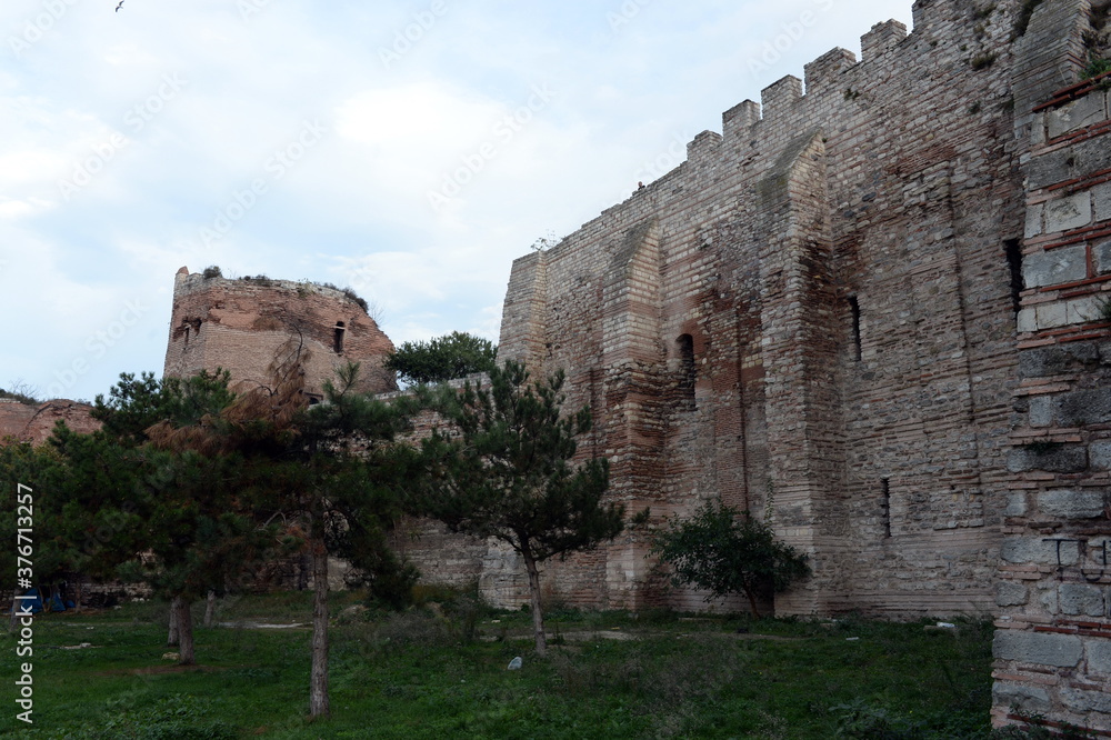 Blachernae section of the old fortress walls in Istanbul. Turkey