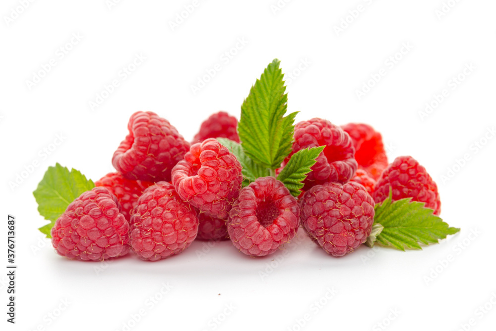raspberries with leaf isolated on a white background raspberries with leaf isolated on a white background