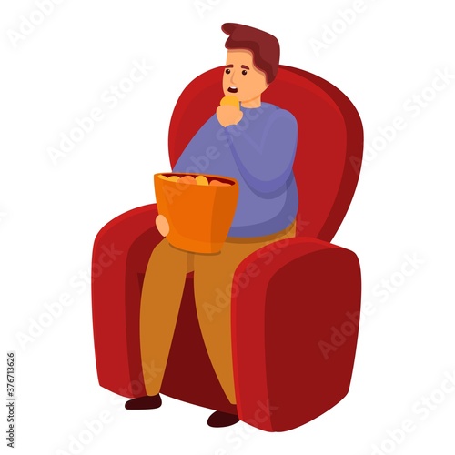 Gluttony man popcorn cinema icon. Cartoon of gluttony man popcorn cinema vector icon for web design isolated on white background