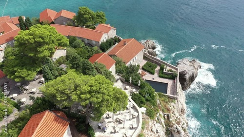 Sveti Stefan, Montenegro. Aerial above view of the Sveti Stefan island.  Drone footage