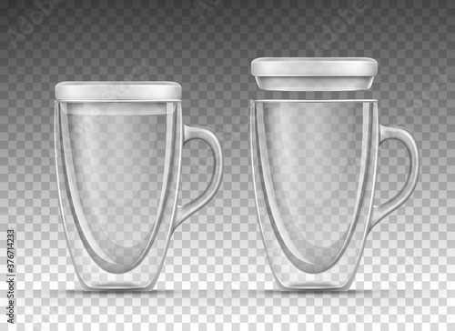 Vector illustration of empty glass cup with double walls for hot drinks in a realistic style isolated on a transparent background. Mug with handle and lid. Mock up, template of glassware for beverage.