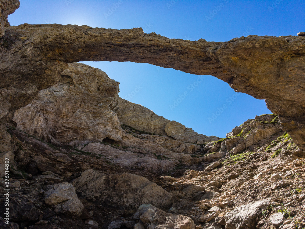 Panoramic view of the rocky arch of Greina, Switzerland.