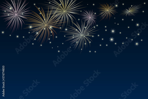 Brightly gold fireworks and stars on twilight. Festival or holiday fireworks banner on dark blue background with copy space. Firework show on night sky. Independence day. Stock vector illustration