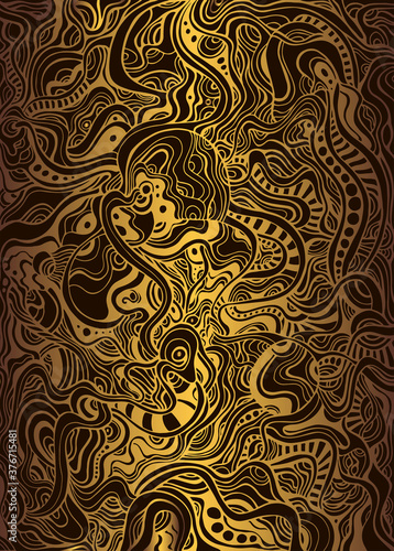 Vintage background with many ornaments and intricate patterns, steampunk doodle style, golden gradient color outline, isolated on black background.