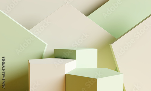Abstract geometric product display podium white and green. 3D render