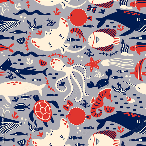 Marine life seamless pattern set. Hand drawn doodle different sea and ocean fish sharks turtles octopus oyster stingray starfish. Animals in wildlife enviroment nature illustration.