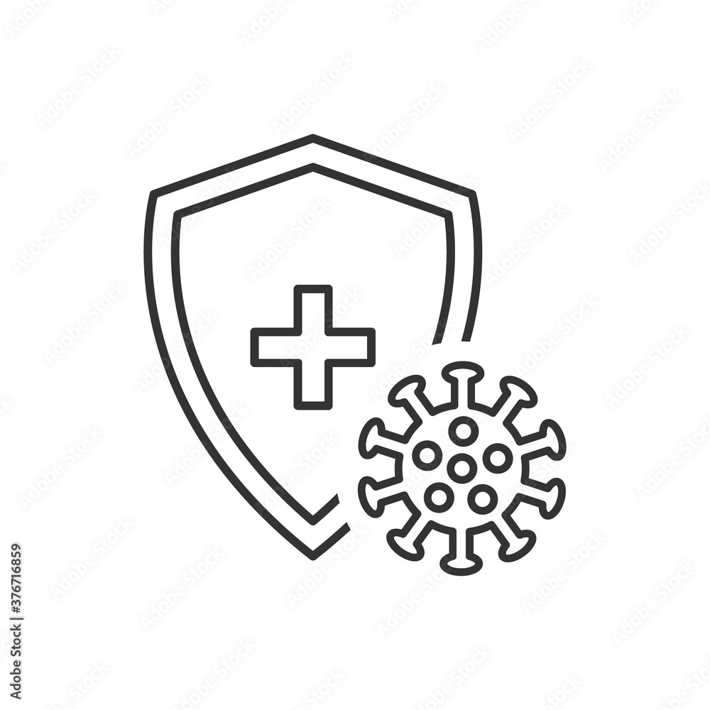 Obraz premium Immune flu germ line icon. Virus protection symbol vector isolated on white. Shield and virus linear illustration. Antibacterial protection concept.