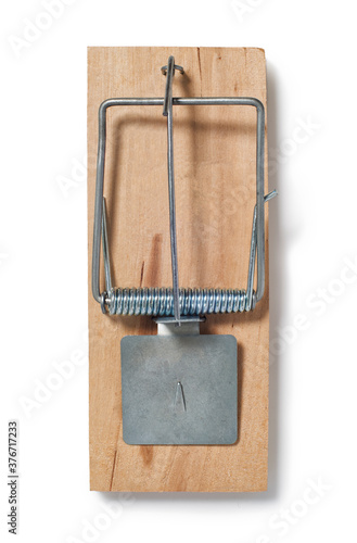 Overhead view of mouse trap on white background