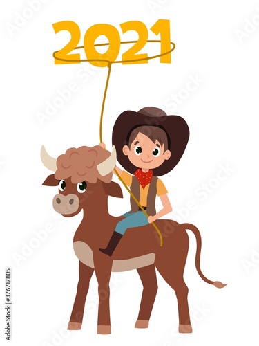 Cool poster for the new year 2021 with a cute calf and a boy. Year of the Bull. Vector illustration.