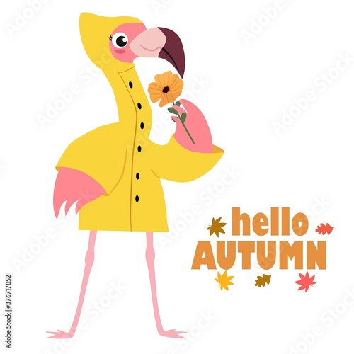 Cute flamingo in a raincoat with a flower. Vector illustration, design element for cards, banners, print design for childrens t-shirts
