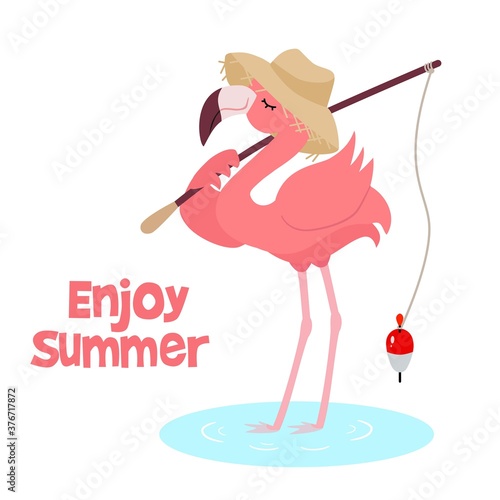 A cute flamingo with a fishing rod goes fishing. Vector illustration, design element for cards, banners, print design for childrens t-shirts.