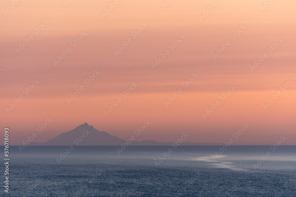 Silhouette of mount Athos at sunset