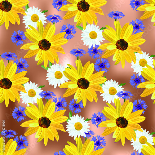 Flower pattern, flowers of sunflower, chamomile, blue cornflower on brown abstract background, seamless texture, vector.