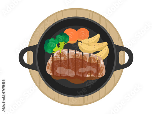 鉄板に盛られたステーキのイラスト