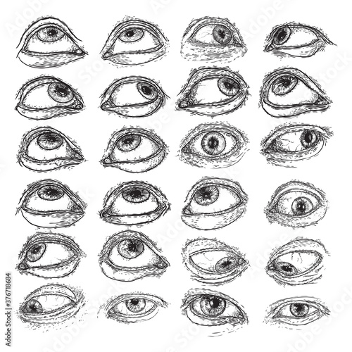 Set of human eyes for design of all seeing eye symbols variations. Alchemy, religion spirituality and occultism tattoo ink art collection. Vision of providence and third eye. Hand drawn vector.