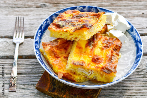 Bakery. Home made cheese pie with phyllo pastry and organic eggs. Bulgarian banitsa