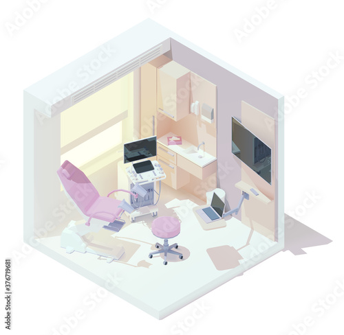 Vector isometric gynecologist office interior. Gynecological examination table, ultrasound machine, doctor chair and other hospital equipment