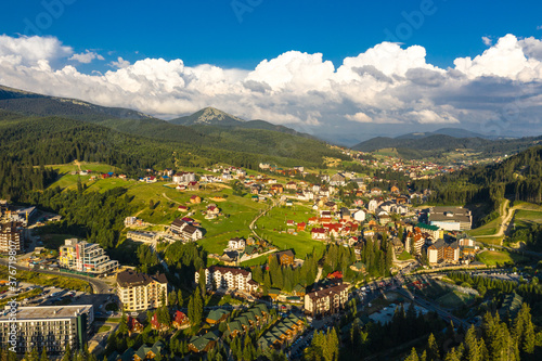 Bukovel at the summer in the evening aerial view.