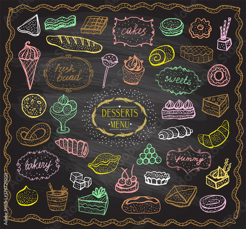 Chalk desserts and baked goods graphic set, doodle style