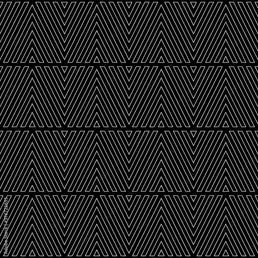 White chevron contour lines on black background. Zigzag image. Seamless surface pattern design with linear ornament. Curves wallpaper. Angle brackets motif. Digital paper with chevrons. Striped vector White chevron contour lines on black background. Zigzag image. Seamless surface pattern design with linear ornament. Curves wallpaper. Angle brackets motif. Digital paper with chevrons. Striped vector
