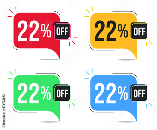 22% off. Red, yellow, green and blue tags with twenty-two percent discount. Banner with four colorful balloons with special offers vector.