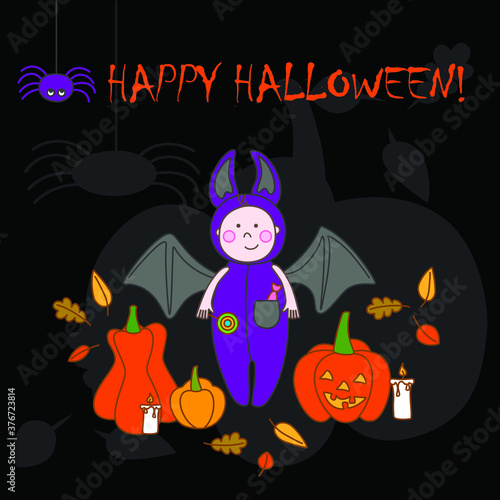 cute vector card for Halloween with the popular elements of the holiday  pumpkins  candles  bats  autumn leaves