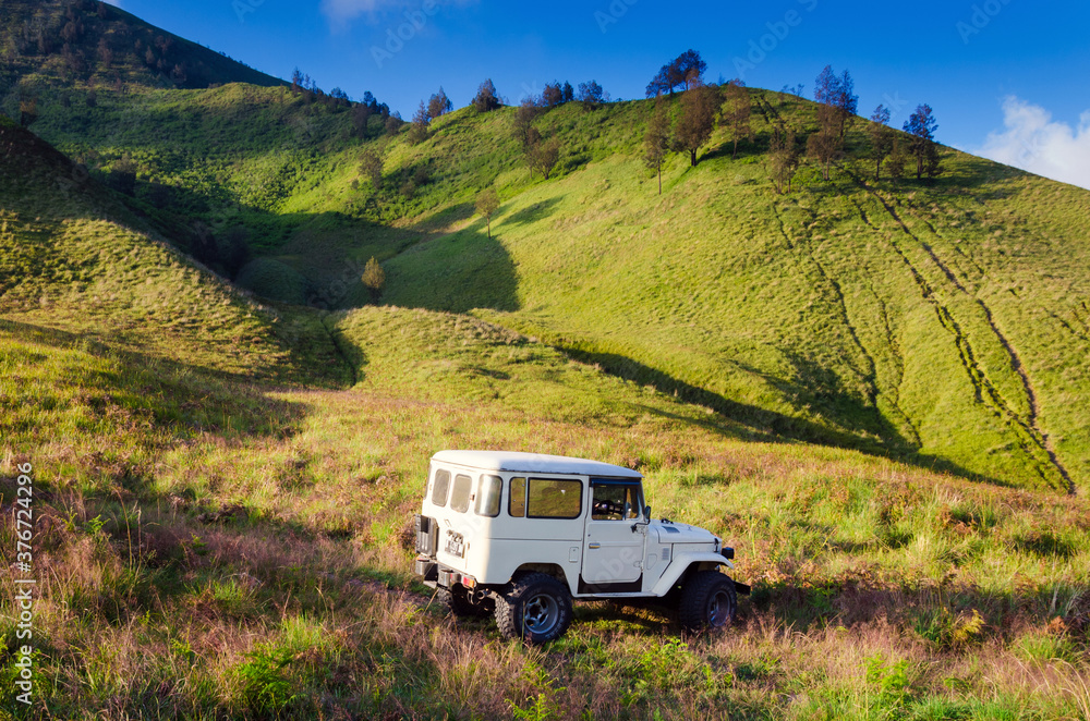 Tourists Jeep for tourist rent at Mount Bromo,The active Mount Bromo is one of the most visited tourist attractions in East Java , Indonesia.