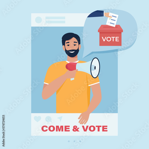 Campaigning for elections on social networks. Vote concept. Man holding megaphone in his hand in the social profile frame. Marketing, SMM banner, social media or network promotion, flyer. Flat design