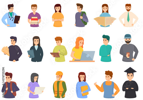 Job students icons set. Cartoon set of job students vector icons for web design