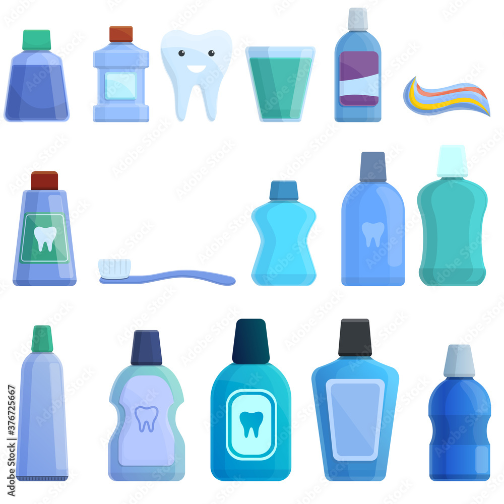 Tooth rinse icons set. Cartoon set of tooth rinse vector icons for web design Tooth rinse icons set. Cartoon set of tooth rinse vector icons for web design