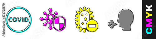 Set Corona virus covid-19, Shield protecting from virus, Negative virus and Man coughing icon. Vector.