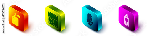 Set Isometric Perfume, Cream or lotion cosmetic tube, Antiperspirant deodorant roll and Bottle of shampoo icon. Vector.