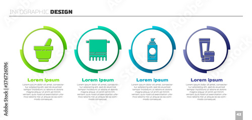Set Mortar and pestle, Towel on a hanger, Spray can for hairspray and Cream or lotion cosmetic tube. Business infographic template. Vector.