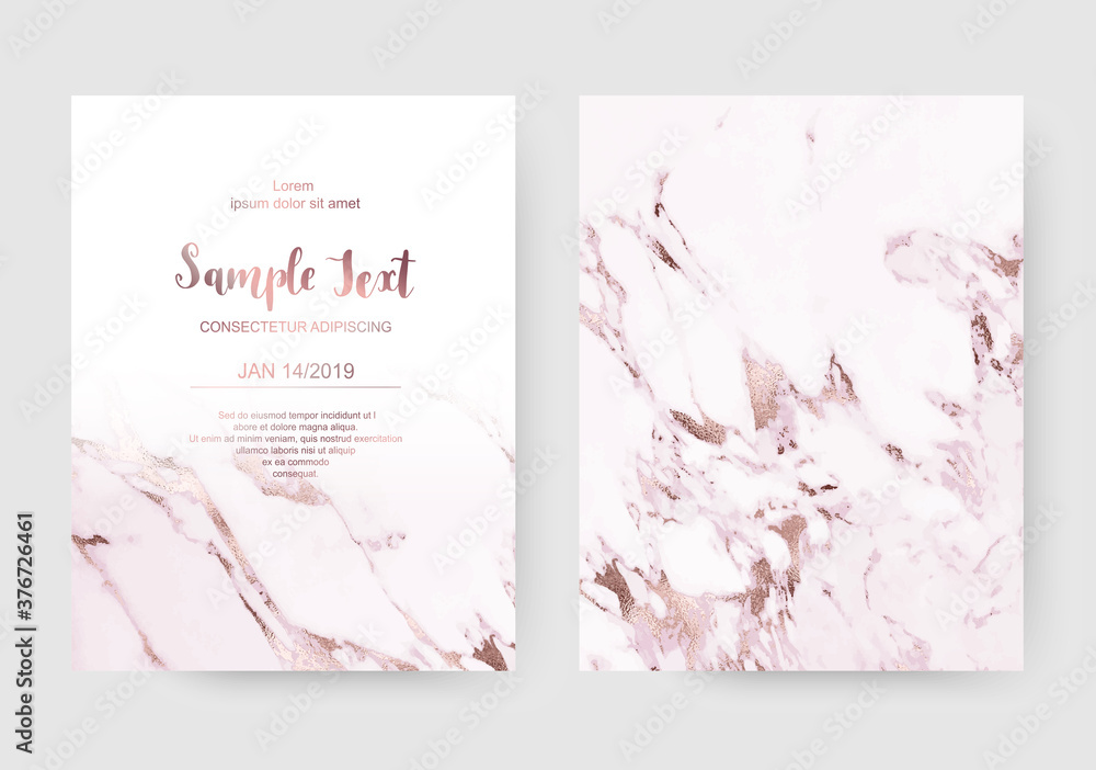 Luxury marble celebration invitation cards with rose gold texture.