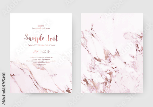 Luxury marble celebration invitation cards with rose gold texture.