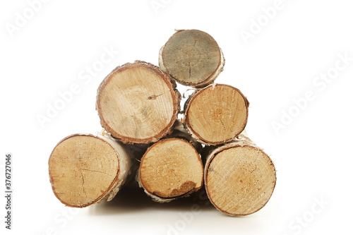 Pile of dry firewood isolated on white background
