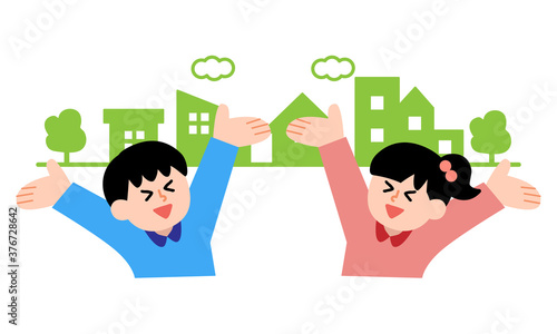 住宅街でバンザイする子供2人