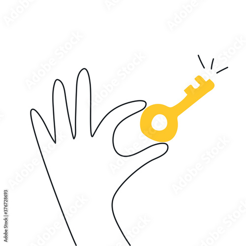 Protection key in a human hand. The concept of privacy, security, solution and protection on a yellow background. Flat clean line vector illustration on white