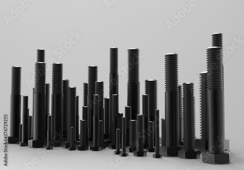 A 3d rendering of an group of bolts and screws