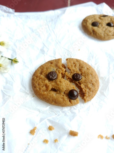 brown soft cookies with chocochips topping. cookies on the white background