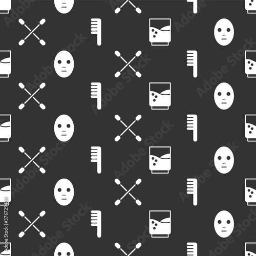 Set Glass with water, Facial cosmetic mask, Cotton swab for ears and Hairbrush on seamless pattern. Vector.