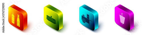 Set Isometric Sauce bottle, Stack of pancakes, Fast street food cart and Grilled shish kebab icon. Vector.