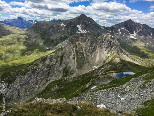 Panoramic view of the Lukmanier pass in Switzerland from the top of Pizzo dell'Uomo.