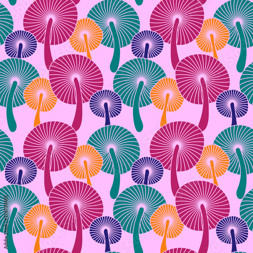 Bright neon mushrooms, seamless pattern. Fantastic hallucinogenic mushrooms. Vector illustration for poster, postcard, design