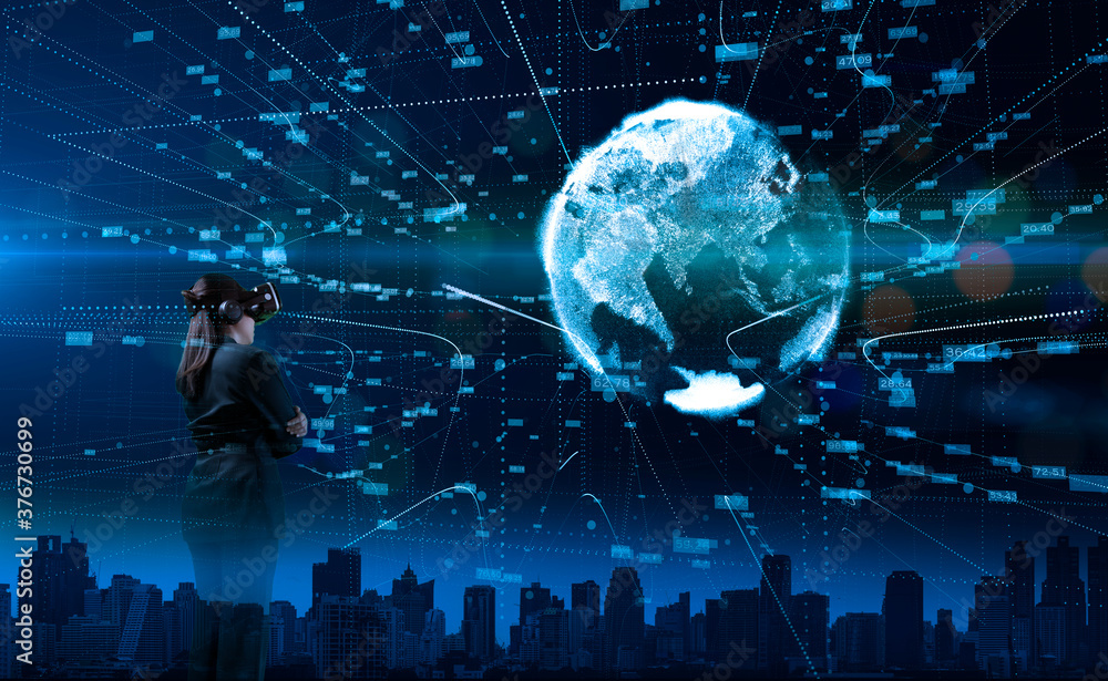 Duble exposure image of business people using a modern VR goggles or vr glasses overlay with global connecting big data. the concept of business communication.