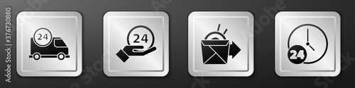 Set Fast delivery by car, Clock 24 hours, Online ordering noodles delivery and Clock 24 hours icon. Silver square button. Vector.